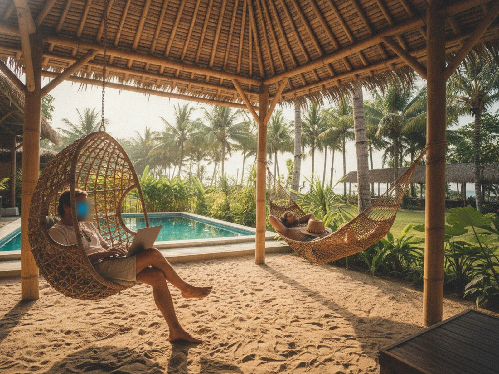 Common lounge area with hammocks and a pool at the surf camp in Canggu