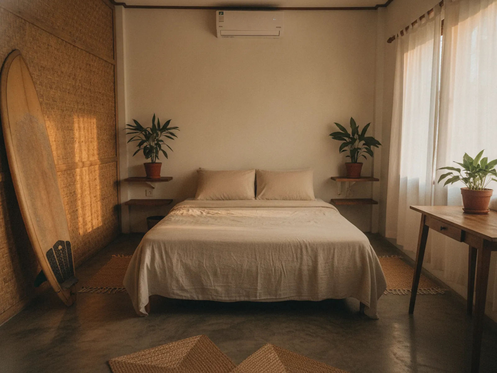 Private air-conditioned guest room at the surf camp in Canggu, Bali, with a surfboard in the corner