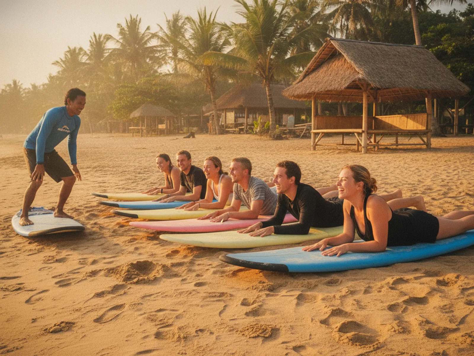 Beginners practicing the pop-up stance on surfboards laid on the sand in Canggu, with an instructor demonstrating