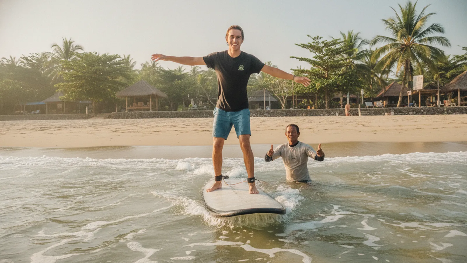 Complete beginner standing up on a surfboard in shallow whitewash at a sandy beach break in Canggu, with an instructor nearby