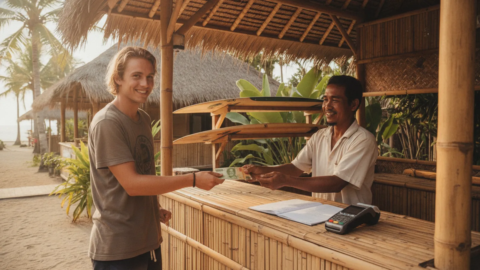 Reception desk at the surf camp in Canggu where guests pay for their package