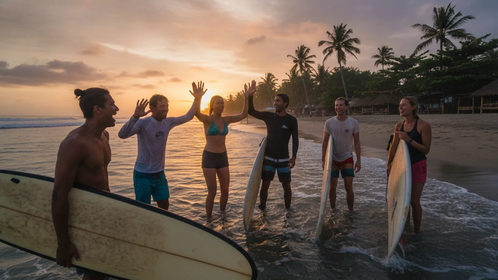 Group of surf campers celebrating at sunset on their final day of the 7-day surf camp in Canggu