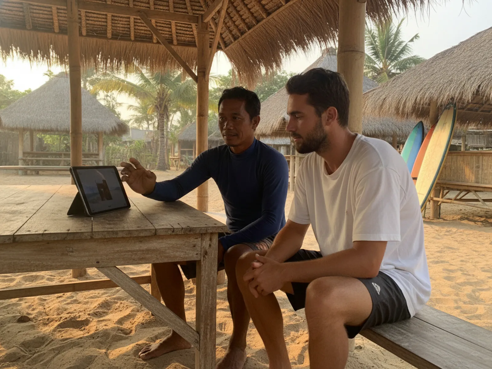 Instructor reviewing filmed surf footage with a camper during the 7-day surf camp in Canggu